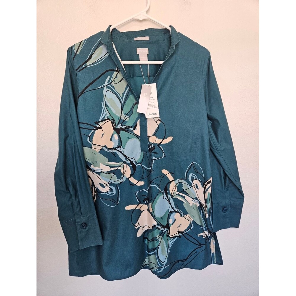 NWT Chicos No Iron Stretch Tunic Size 8 Medium Urban Wildflower Teal Floral Top